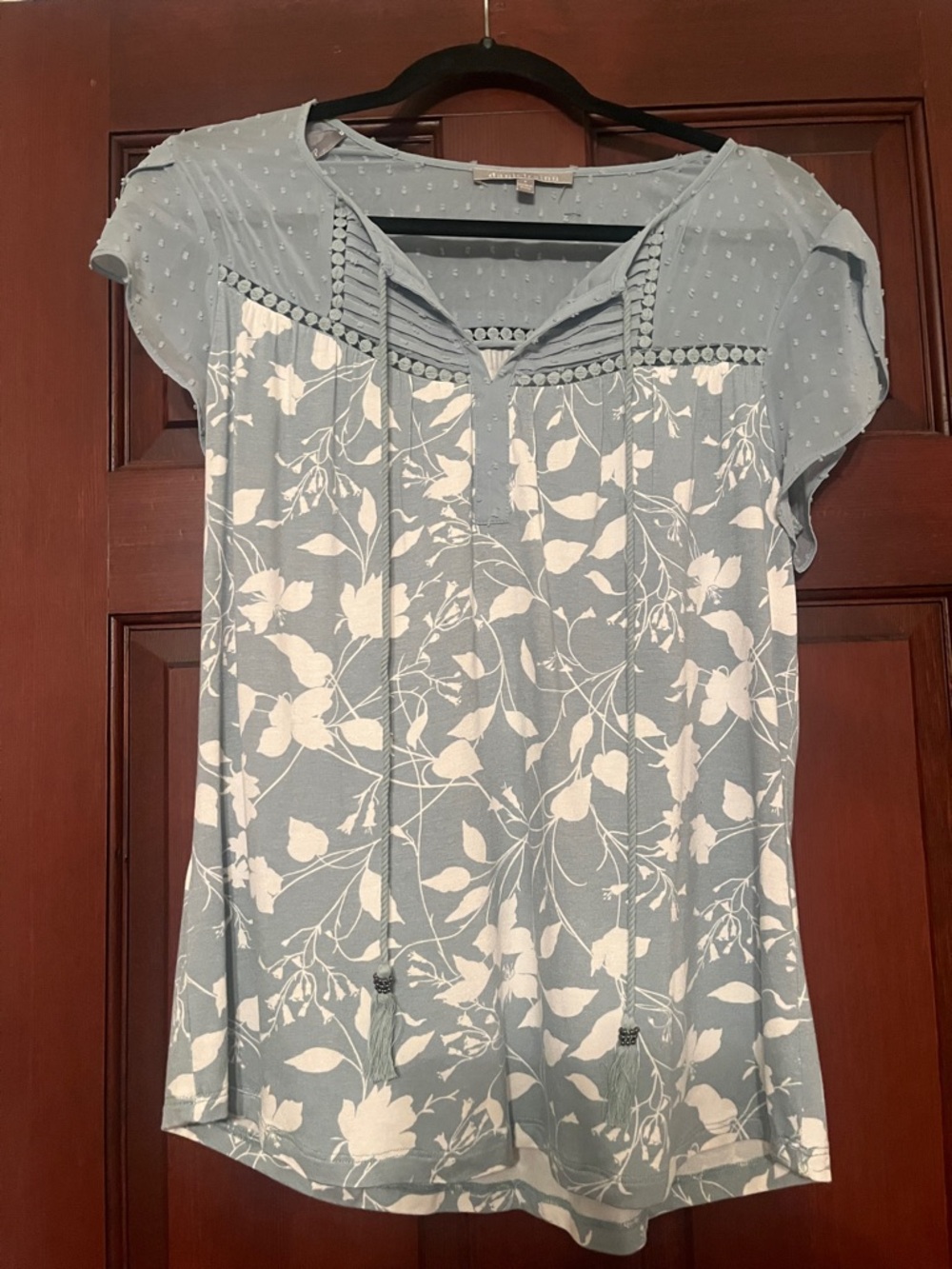 Daniel Rainn Light Blue & White Floral Tie-Front Blouse